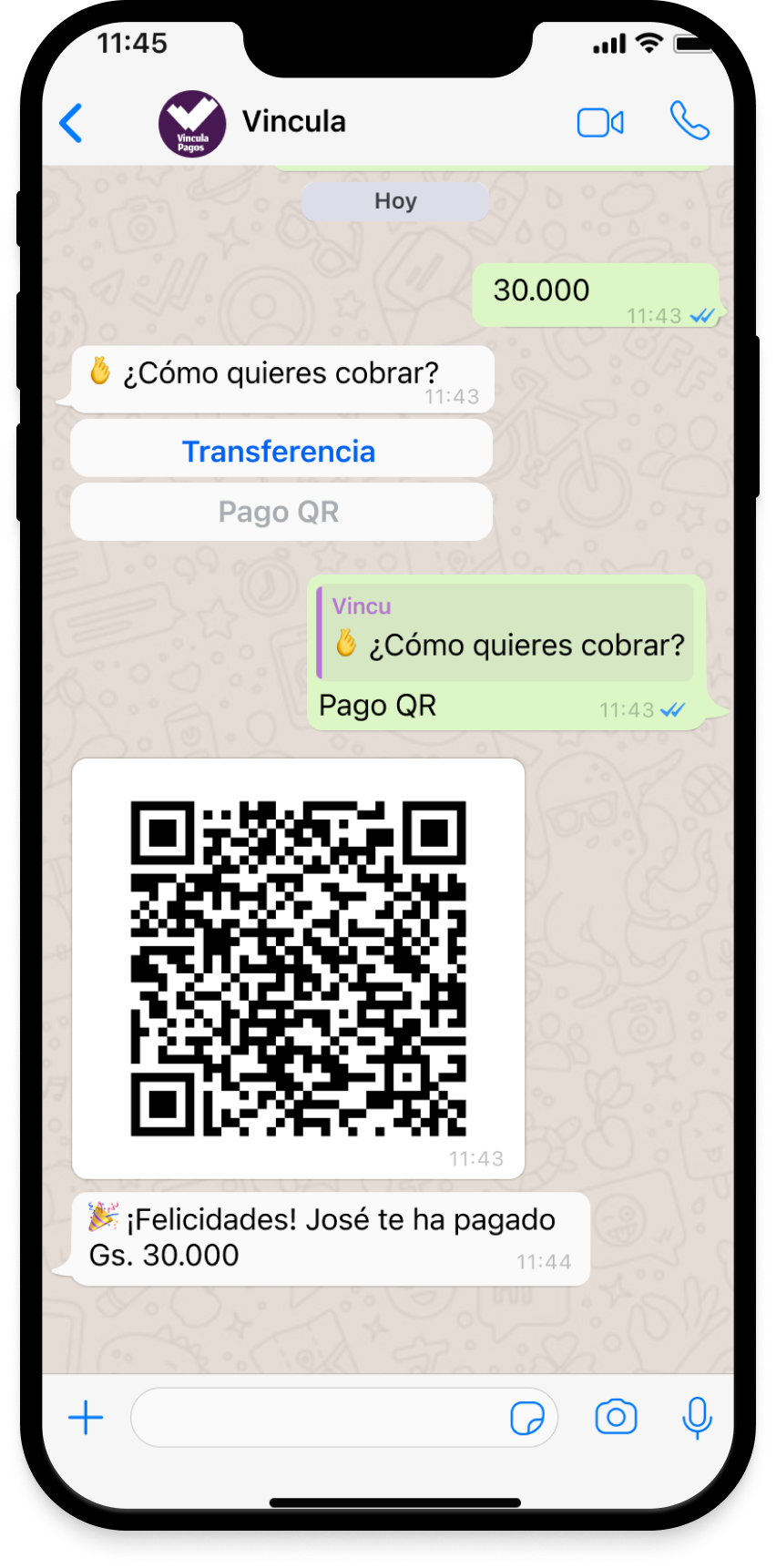 Captura de pantalla de WhatsApp donde se muestra como el comercio interactua con el bot de Vincula para
                 solicitar el pago de 30.000 guaraníes por QR