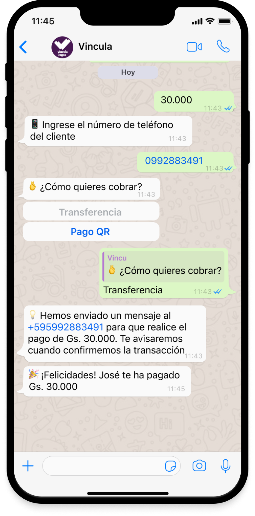 Captura de pantalla de WhatsApp donde se muestra como el comercio interactua con el bot de Vincula para
                 solicitar un cobro de 30.000 guaraníes a través de transferencia al usuario con número de teléfono 0992 883 491